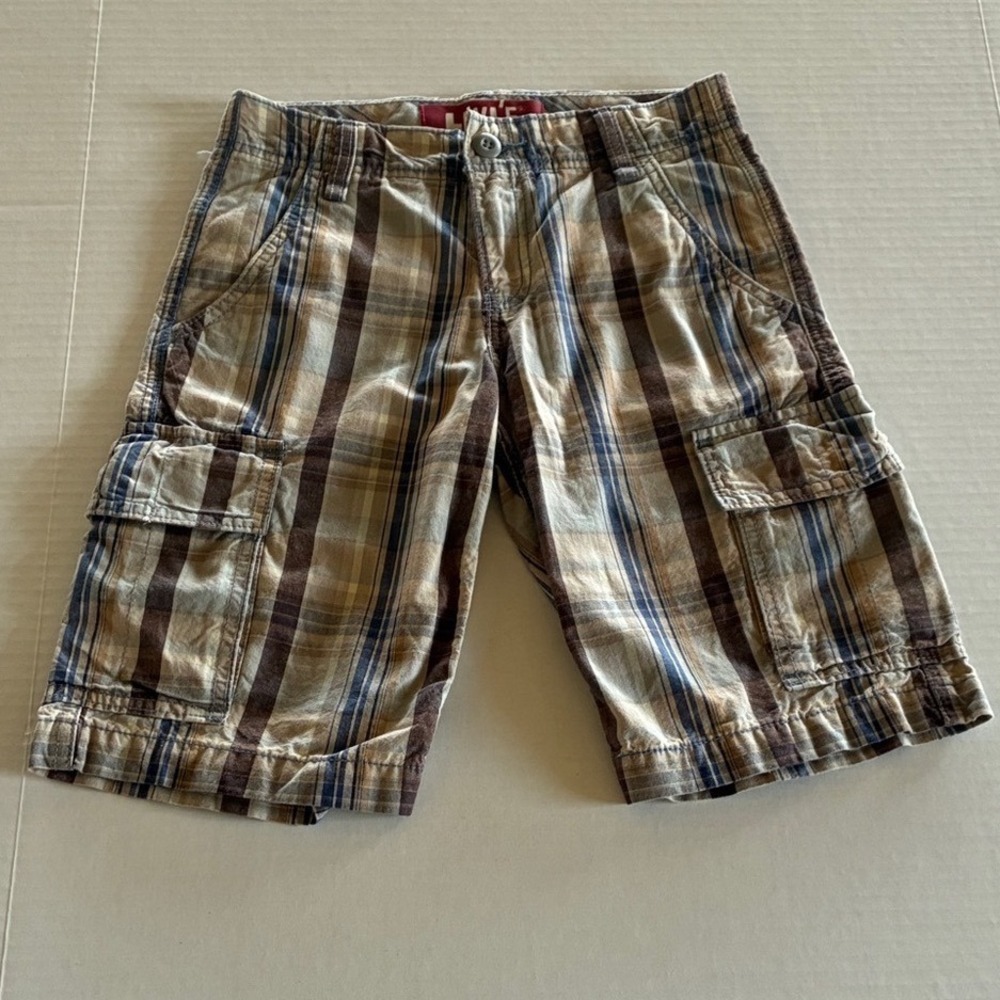 Levi's Cargo Shorts Plaid Brown Blue 12 Regular Boys‎ Cotton Utility Pockets